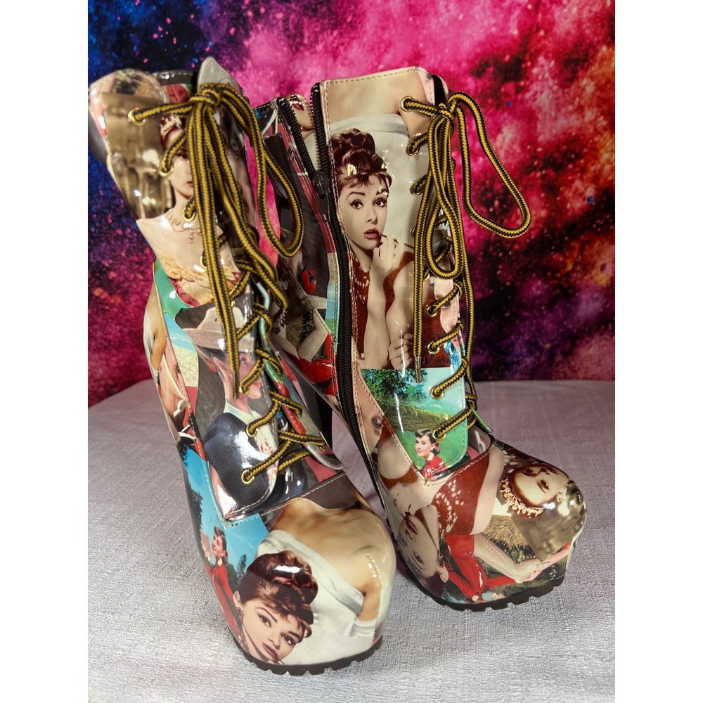 Scene Audrey Hepburn Collage Print Platform Stiletto Ankle Boots Multi 8.5